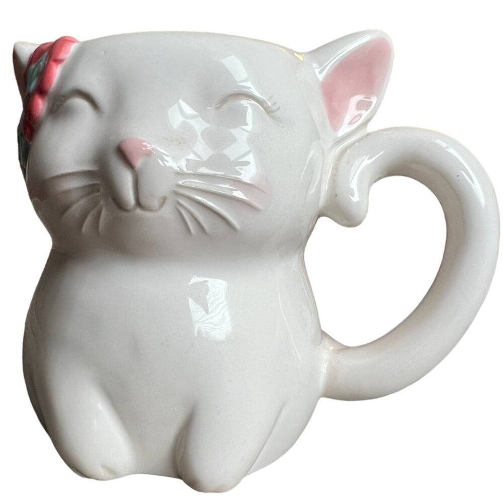 3D Ceramic Cat Mug Planter Flowers in Hair Glazed Charming Pristine 16 oz - Picture 5 of 12
